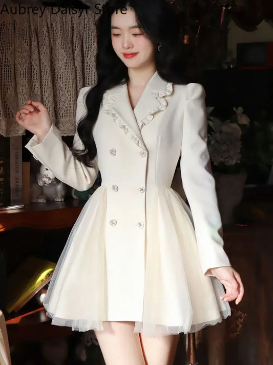 Evening Dresses: Mini White Dress Women Vintage Chic Bow Mesh Design Formal Dress