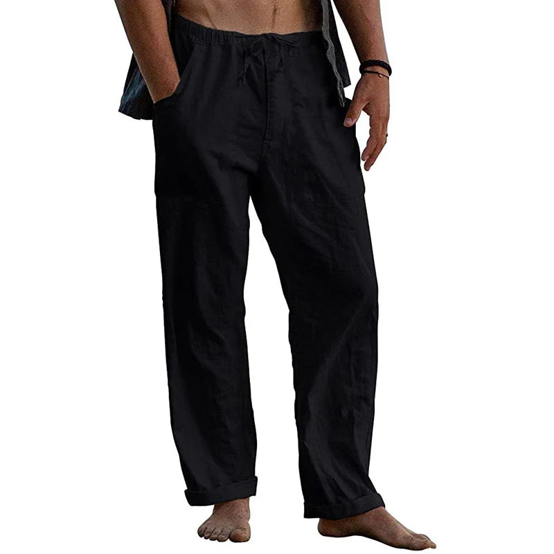 Men's Cotton Linen Pants Male Autumn New Breathable Solid Color Linen Yoga
