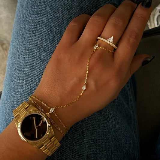 Geometric 3 Pcs Marquise Cubic Zirconia CZ Double Wrist Hand Chain Bracelet Simple Fashion Women Jewelry