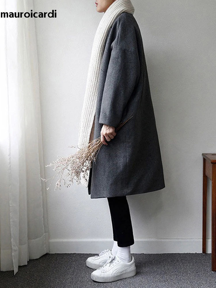 Autumn Winter Loose Casual Grey Black Soft Warm Woolen Cocoon Coat