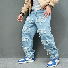 Autumn Stylish Men Ripped Patch Spliced Hip Hop Jeans Streetwear Loose Male