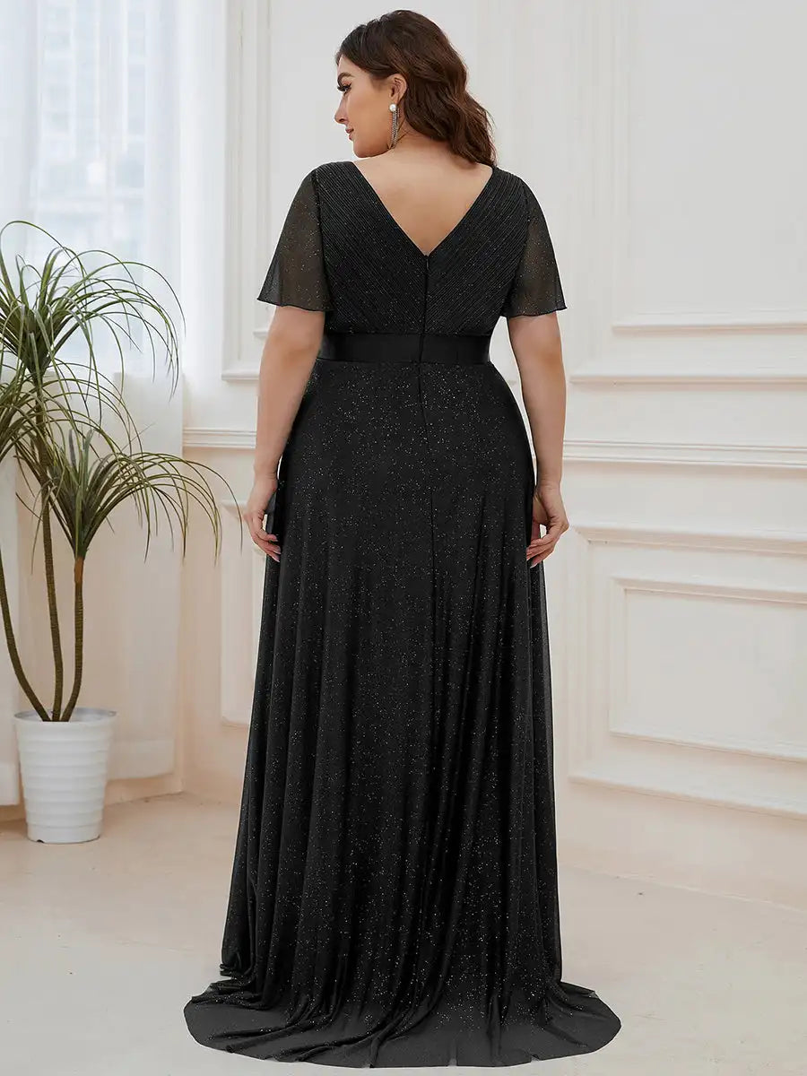 Evening Dresses: Ever pretty of Plus Size Deep V Neck Ruffles Sleeve Dress