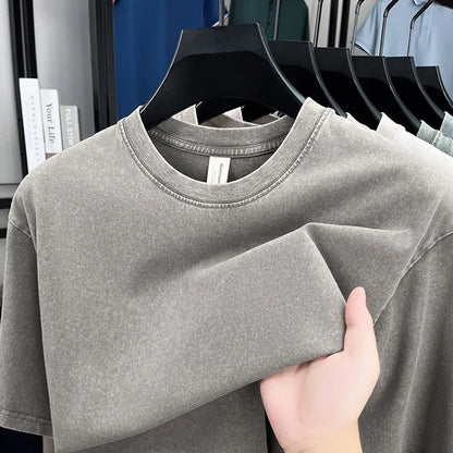 American Style Retro Heavyweight Solid Color Short Sleeved T-shirt Men Women Summer Street Trendy Washed Old Oversized Clothes