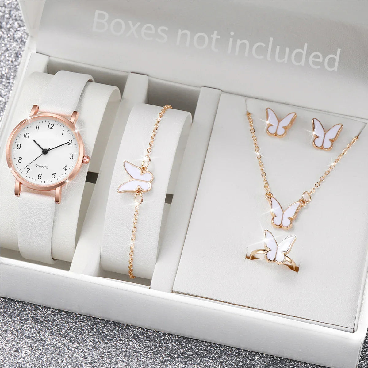 6PCS/Set Women's Watch Casual Arabic Dial Quartz Watch Analog PU Leather Wrist Watches Butterfly Jewelry Set(Without Box)