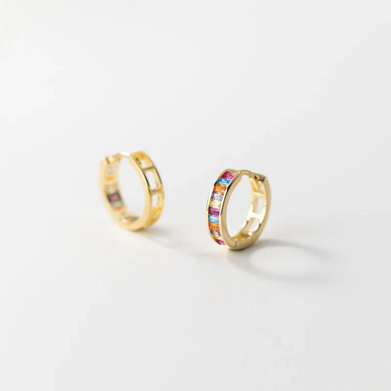 WANTME 925 Sterling Silver Fashion European Colored Zircon Circle Huggies Hoop Earrings for Women Elegant Gold Wedding Jewelry