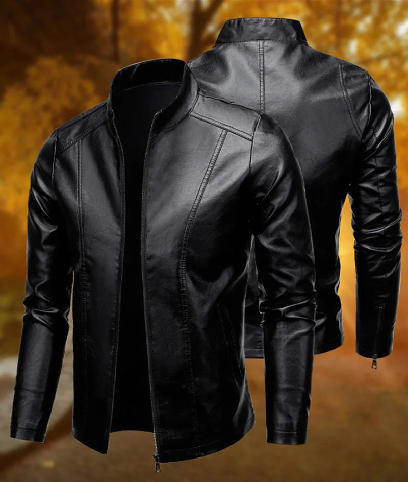 Men Leather Coat Vintage Classic Stand Collar Male Faux Leather Jacket