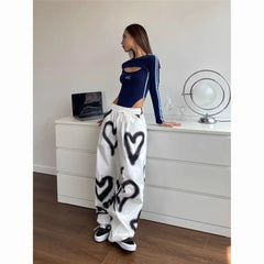 Love Graffiti Wide Leg Pants Women Y2K Elastic High Waist Streetwear Loose Drawstring