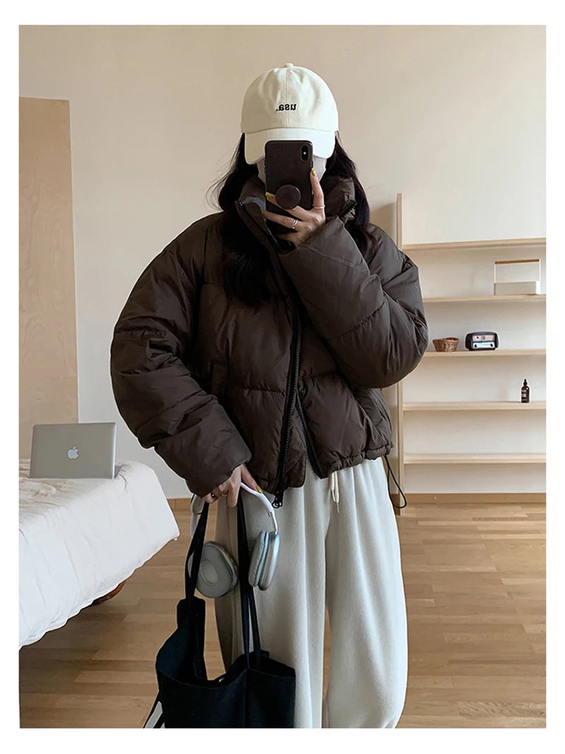 Korean Fashion Women Puffy Coats Simple Solid Loose Short Parkas Winter Thick