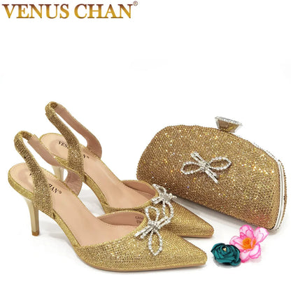 Venus Chan 2023 New Fashionable Pointed Toe Ladies Sandal Shoes Matching Bag Set in Gold Color For Nigerian Women Wedding