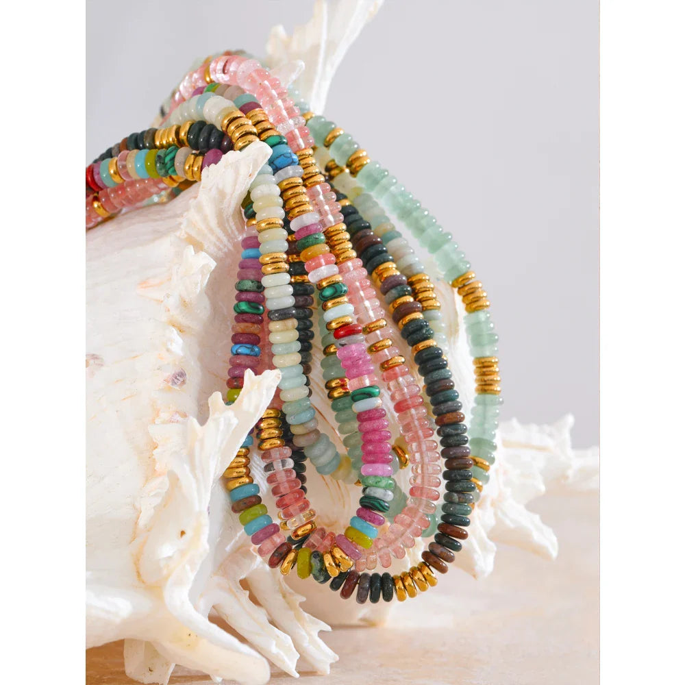 Yhpup Colorful Natural Stone Beads Handmade Chain Y2K Fashion Necklace for Women Stainless Steel Waterproof Collar Jewelry Gift