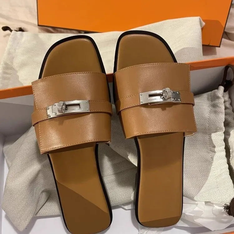 Women Slippers Peep Toe Flat Heels Metal Decor Designer Ladies Mules