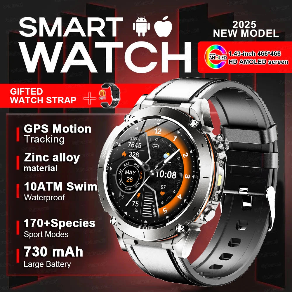 2025 Upgraded New Outdoors Sports Military GPS Smart Watch 10ATM Waterproof 730mAh High Battery Compass NFC HD BT Call Men Watch