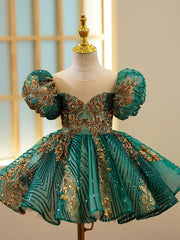 Kids Luxury Party Green Gold Dresses for Girls Size 3 To 14 Years