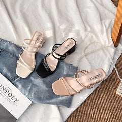 Women Sandals Ladies Square Heels Elegant Summer Slippers Outside Cross Tied