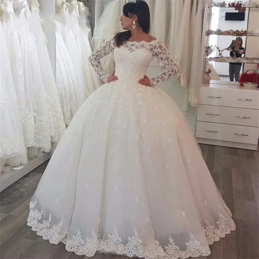 White Bridesmaid Dresses: White Appliques Long Sleeves Puffy Wedding Dresses