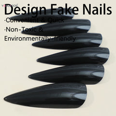 Black Fake Nails Long Stiletto Press on Nails Women Girls Halloween Party Charms