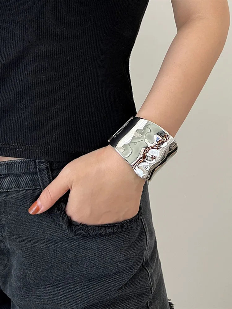 Punk Minimalist Alloy Matte Cuff Bangles For Women Statement Irregularly Wide Big Bangles Bracelet Party Fashion Jewelry Gifts