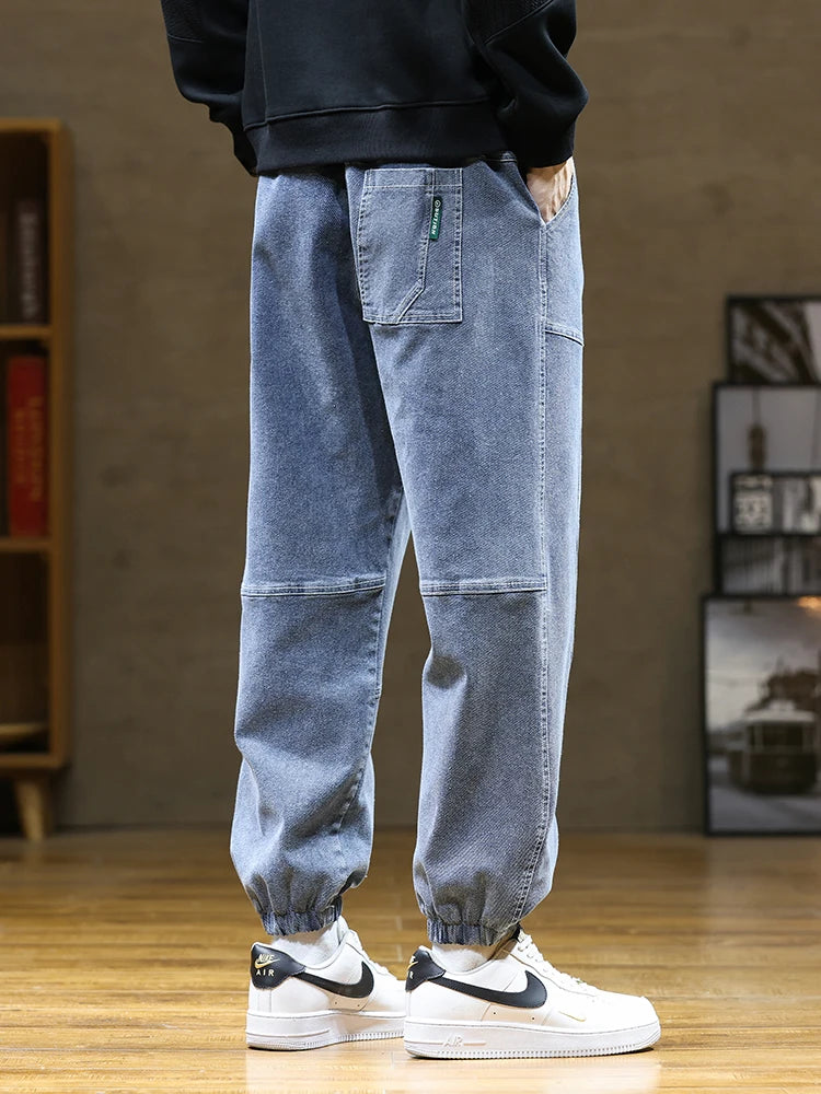Men's Jeans Fashion Drawstring Stretched Cotton Baggy Denim Jogger Pants Men