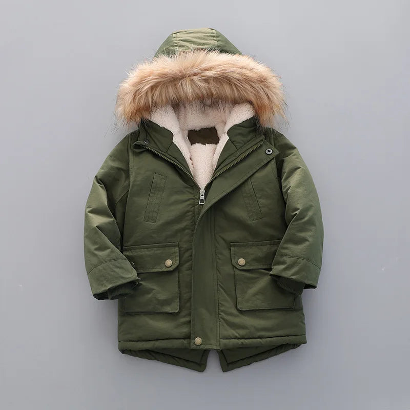 Winter Boys Jacket Windbreaker Keep Warm Thicken Fur Collar Girls Coat Hooded Children