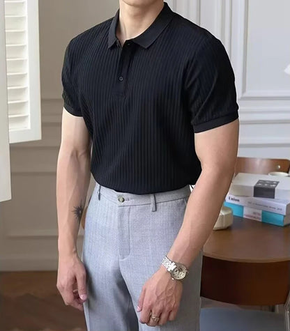 Vertical Stripe Knit Polo Men's Shirts Summer New Slim Solid Color Breathable Turn-Down Collar Business Short Sleeve Polo Tops