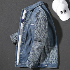 Male Jean Coats Spliced Geometric Autumn Men's Denim Jacket Blue Wide Shoulders