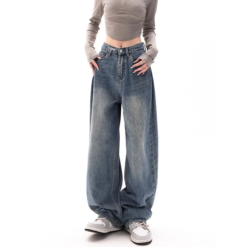 Retro Wide Leg High Waist Straight Streetwear Style Blue Jeans Pants