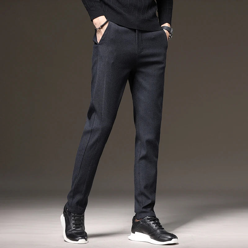 Cotton Long Pants Men Thick Suit Elastic Waist Slim Business Casual