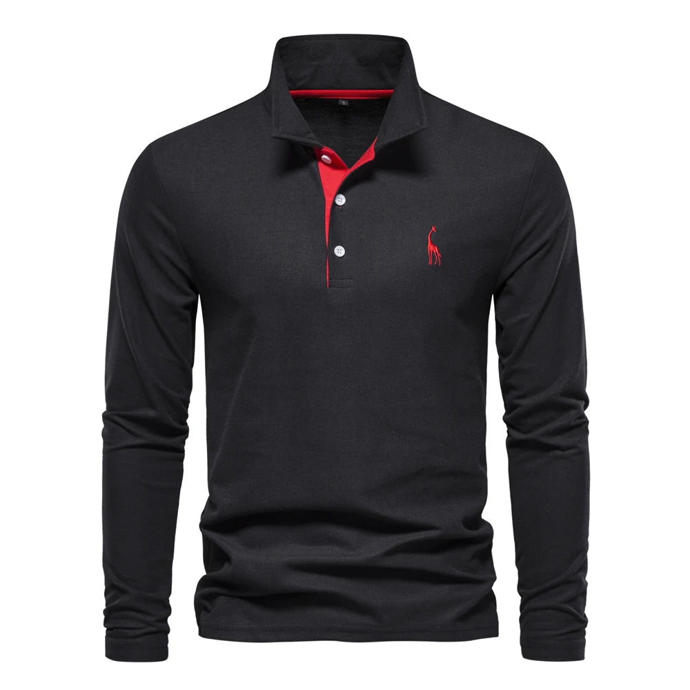 AIOPESON 2023 New Men's Deer Embroidery Polo Shirts Solid Color Long Sleeve Social Business Male
