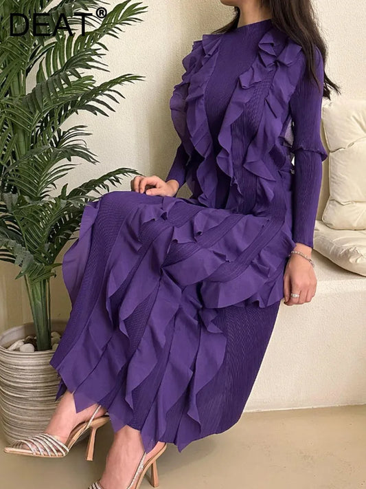 Women Pleated Fashion Dress Round Collar Full Sleeve Spliced Ruffles