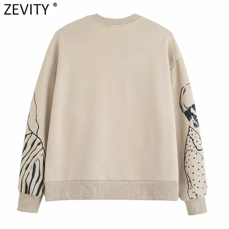 Zevity New 2021 Women Fashion Beauty Girls Print Casual Sweatshirts Female Basic O Neck Knitted Hoodies Chic Pullovers Tops H510