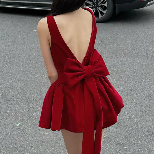 BKLD Fashion Red Bowknot Mini Dress Straps Square Collar Sleeveless Backless Vintage Cute Ladies Slim Party Short A-line Dresses