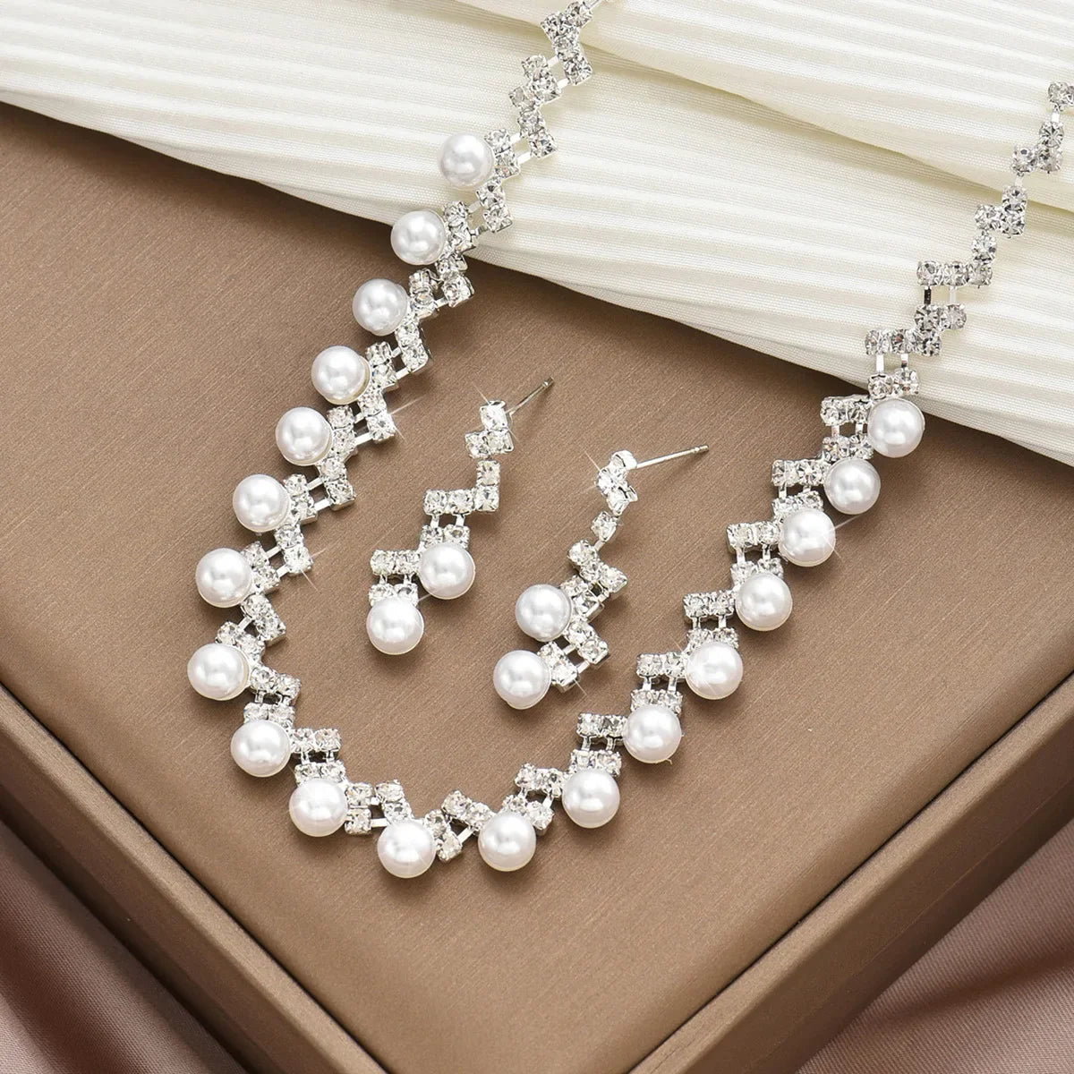 TREAZY Silver Color Pearl Crystal Bridal Jewelry Sets Wave Shape Choker Necklace Earrings Sets for Women Wedding Jewelry Sets