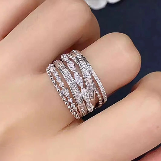 Huitan Gorgeous Trendy Wide Ring Women Fashion Multi Layer Design Brilliant Zirconia