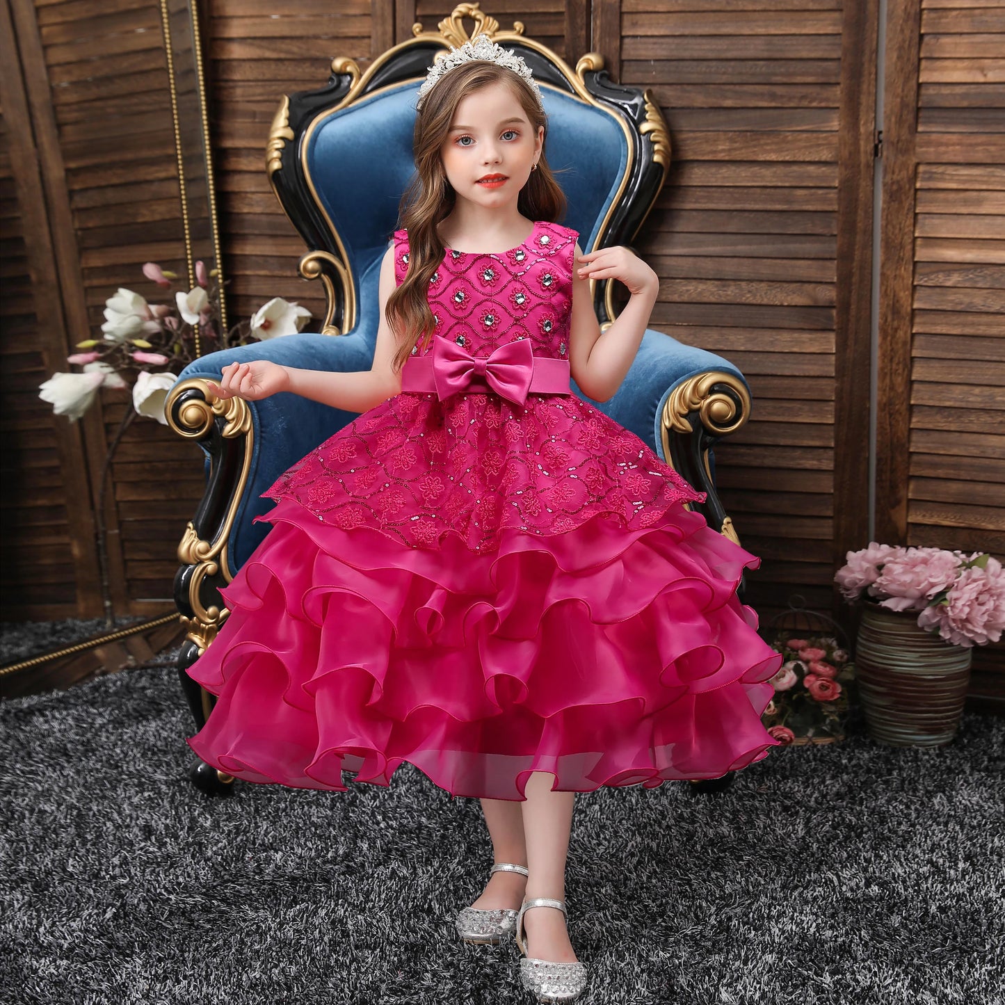 Children's wedding dress, princess dress, girl's program performance dress, diamond decoration cake, fluffy skirt