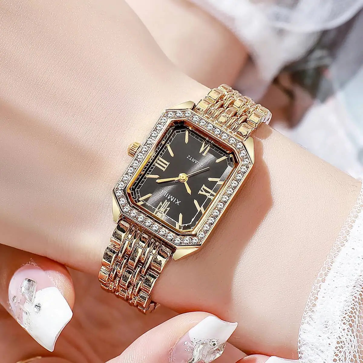 Fashion Rectangle Women Watches Ladies Rhinestone Quartz Watch Bracelet Strap Wristwatch Reloj Mujer（Without Box）