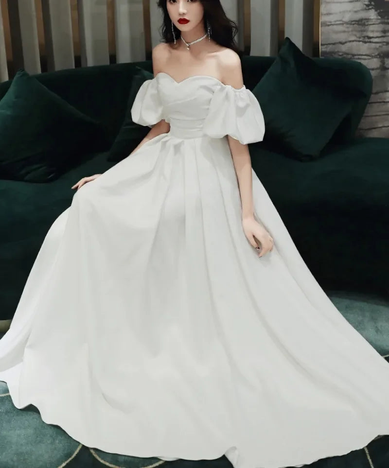 Homecoming Dresses:  White Formal Evening Dress Boat Neck Solid Wedding Party