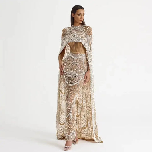 Champagne Evening Dresses with Cape Women dress