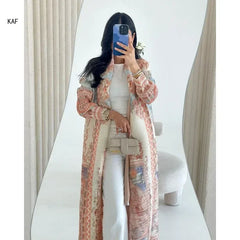 Autumn Women's Long Coat, Retro Printed Long Sleeved Muslim Abaya Saudi Fashion