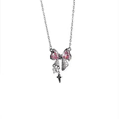 Bowknot Pink Zircon Cross Pendant Necklaces Fashion Temperament