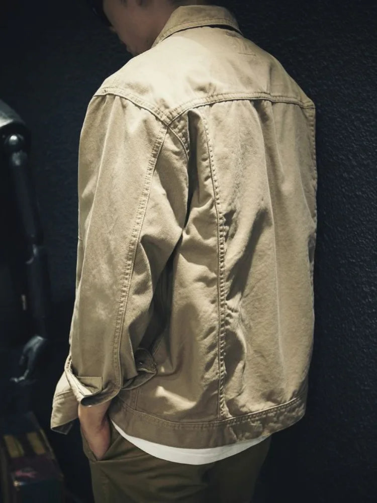 Vintage Cargo Denim Jacket Men's Washed Loose Casual Cotton Long Sleeve Jacket