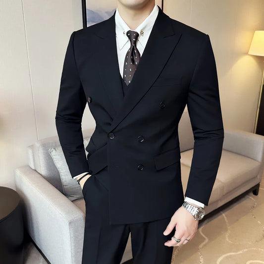 British Style Double Breasted Design Men's Suit Formal Business Slim Fit Casual Suits