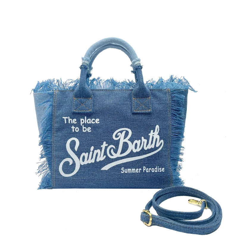 Bag for women's travel, solid color denim, small size, handmade tassel handbag