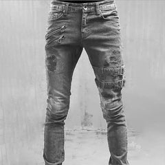 Zipper Decoration Slim Fit Biker Jeans Men Cotton Stretchy Ripped Skinny Jeans