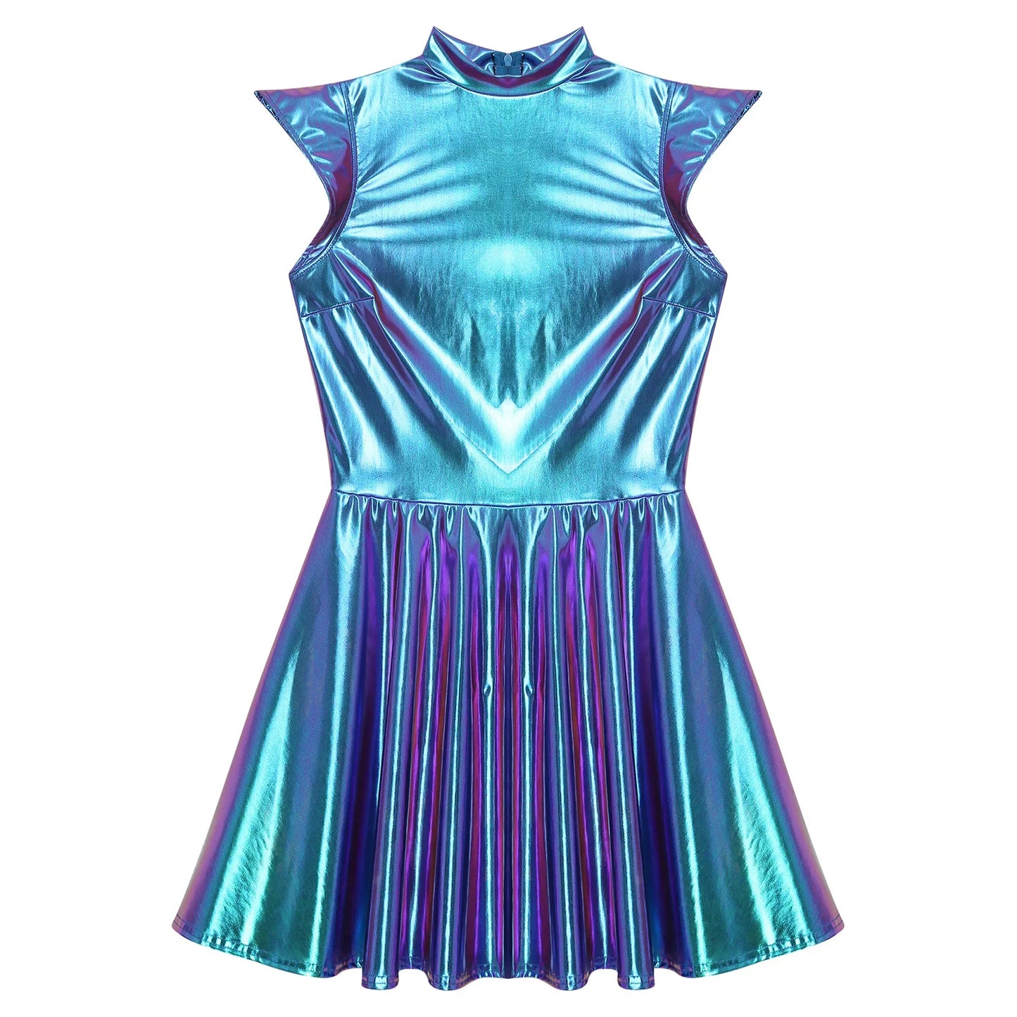 Womens Cocktail Dress Shiny Metallic Dress Alien Space Cap Sleeve High Waist A-line Dress for Halloween Party High Street Dress