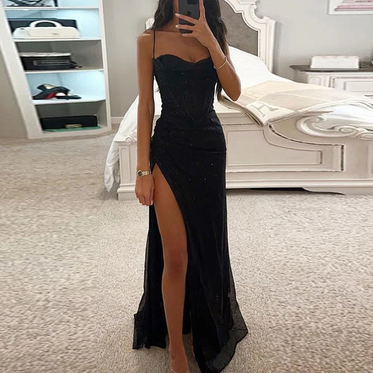 Shing High Waist Tunic Long Evening Dress Women Spring Slash Neck High Split