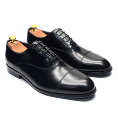 Luxury Genuine Leather Mens Business Dress Shoes Black Cap Toe Lace-Up Oxfords