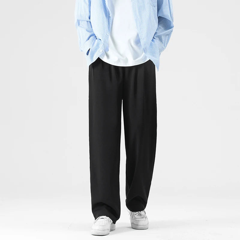 Men Pants Pleated Stretch Waist Casual Baggy Long Trousers Black Beige Fashion