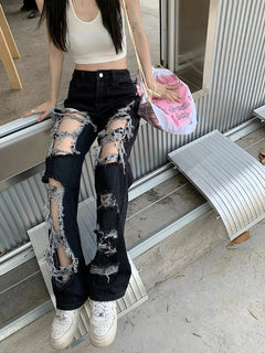 New All-Match Y2k Distressed Women Broken Hole Jeans High Street Hip Hop High Waist Straight Loose Trousers Washed Mopping Pants
