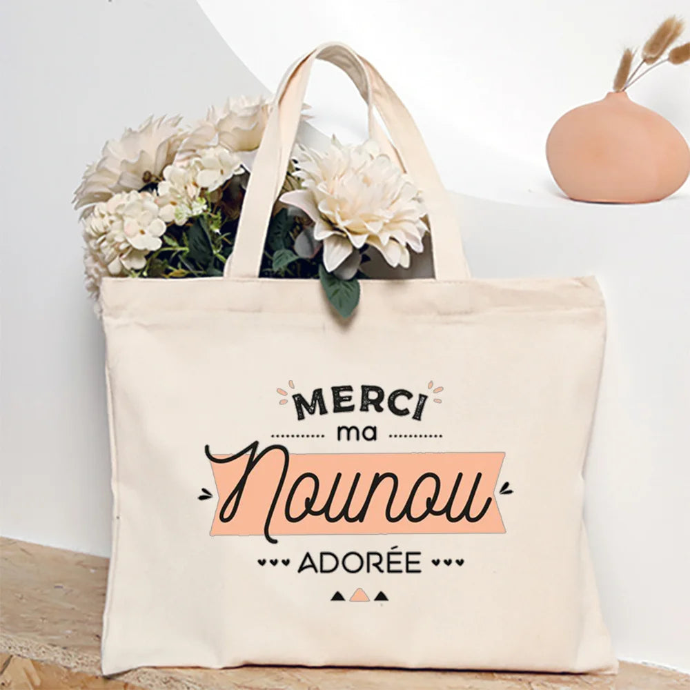 Merci Nounou French Printed Women Shoulder Bag Canvas Tote Bag Female