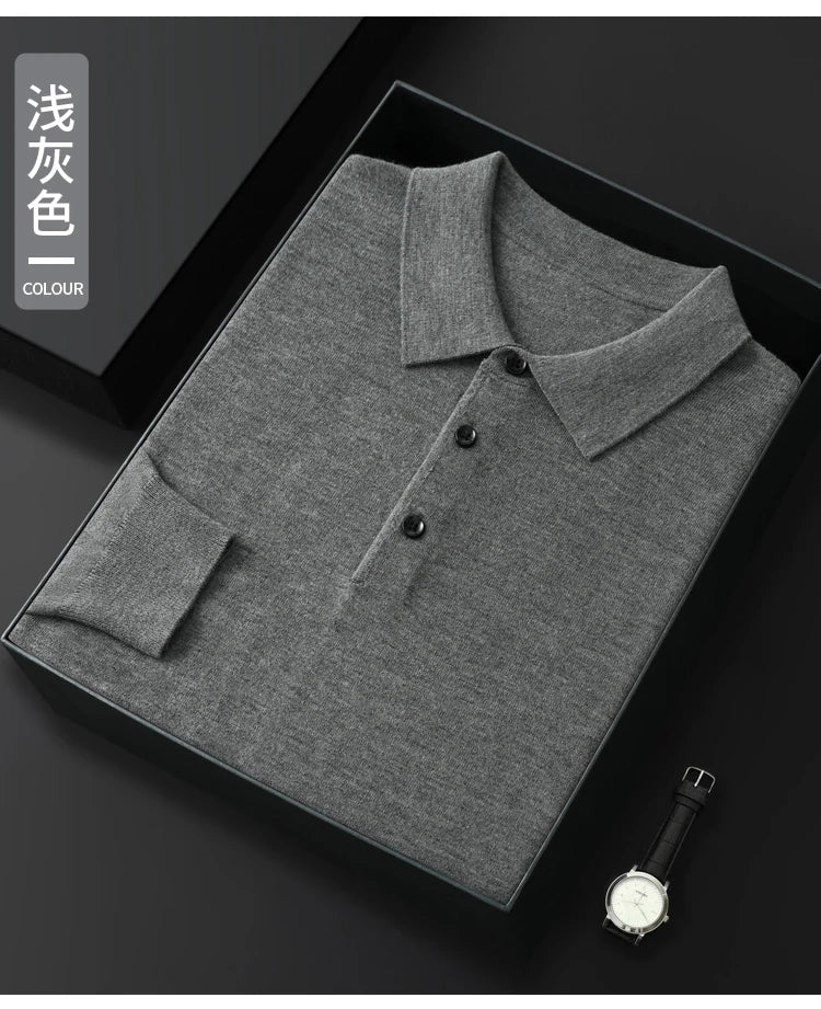 Spring Autumn Men Shirt  Merino Worsted Wool Knitted Pullover Long Sleeve Polo-Collar Clothing Tops Smart Casual Thin Outerwears